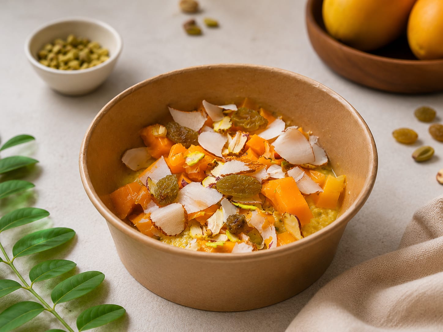 GrainWerk mango breakfast bowl with nuts and coconut