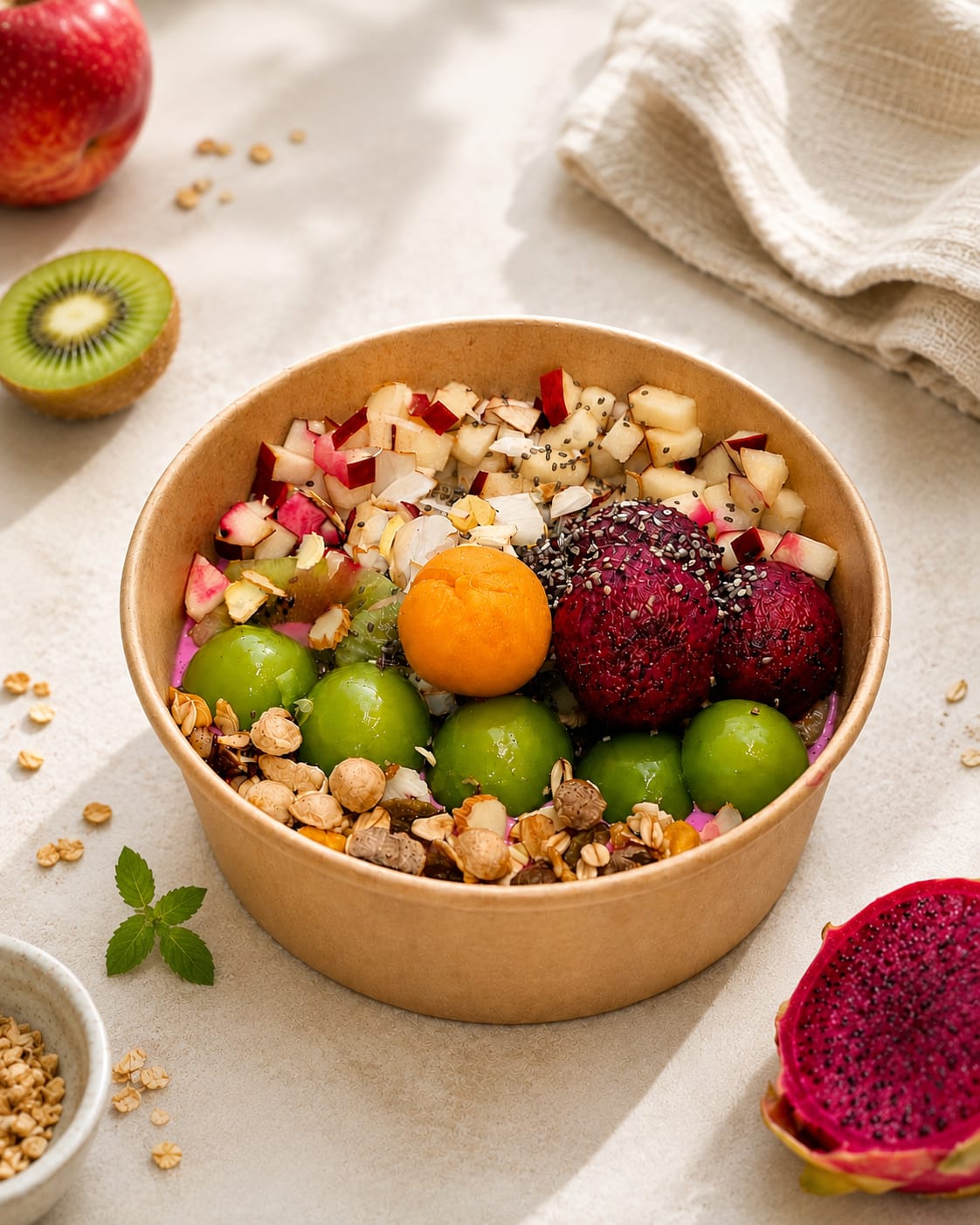 GrainWerk fruit breakfast bowl with dragon fruit and kiwi