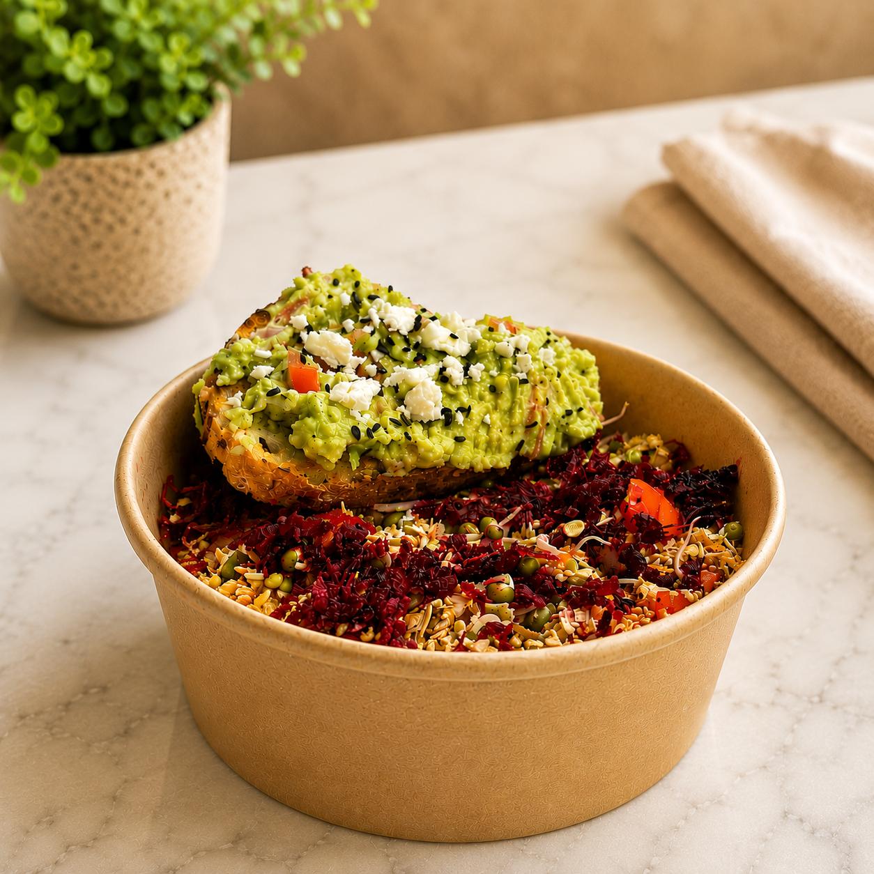 GrainWerk avocado toast style bowl with beet grains