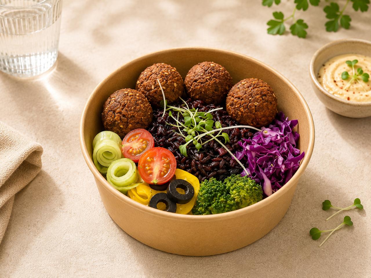 GrainWerk falafel and black rice bowl with vegetables