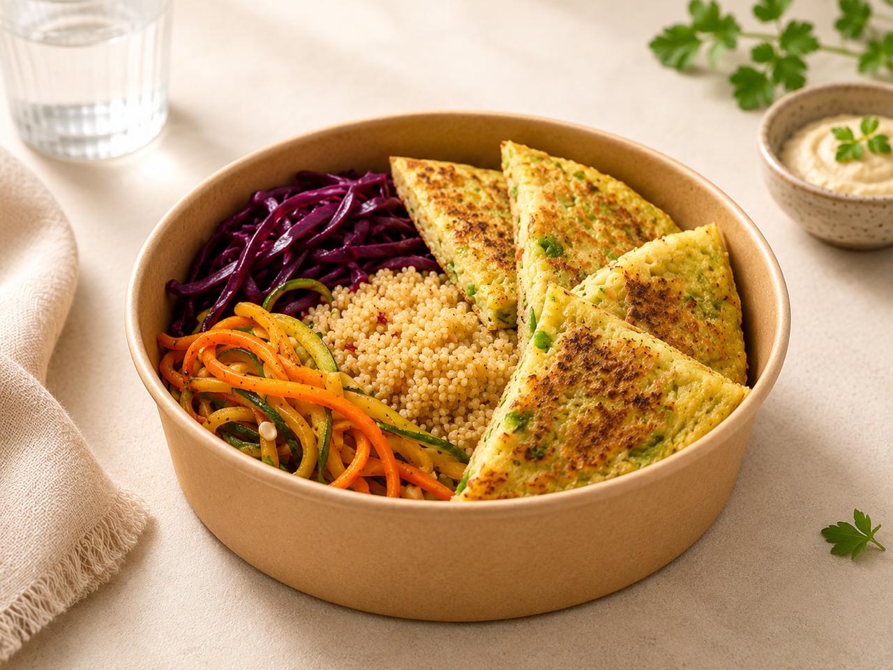 GrainWerk millet bowl with savory pancakes and vegetables