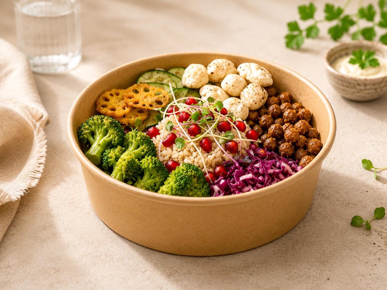 GrainWerk broccoli and puffed protein bowl with pomegranate