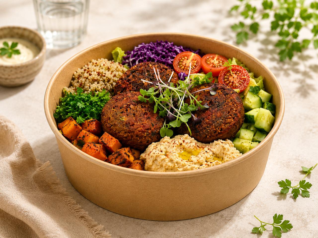 GrainWerk falafel bowl with quinoa, hummus, and vegetables