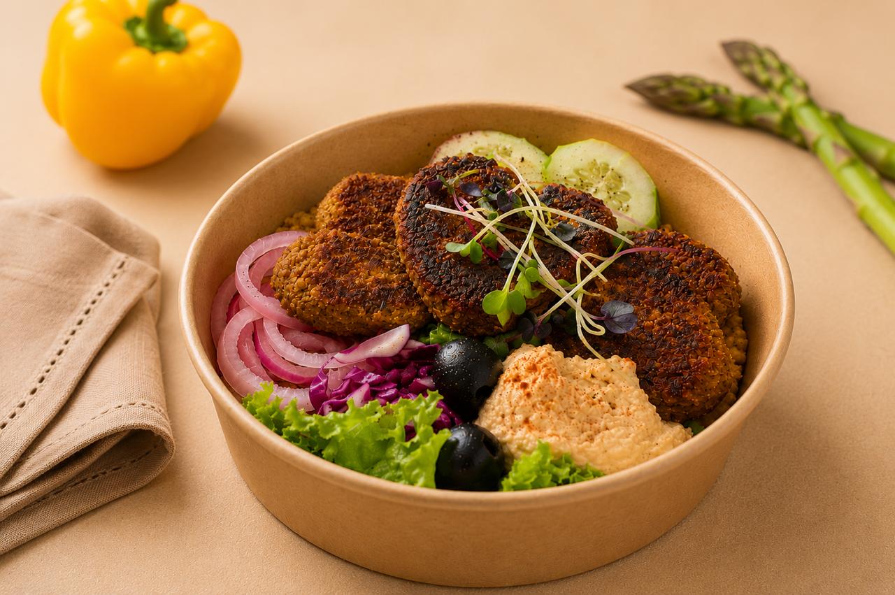 GrainWerk cutlet bowl with hummus and salad
